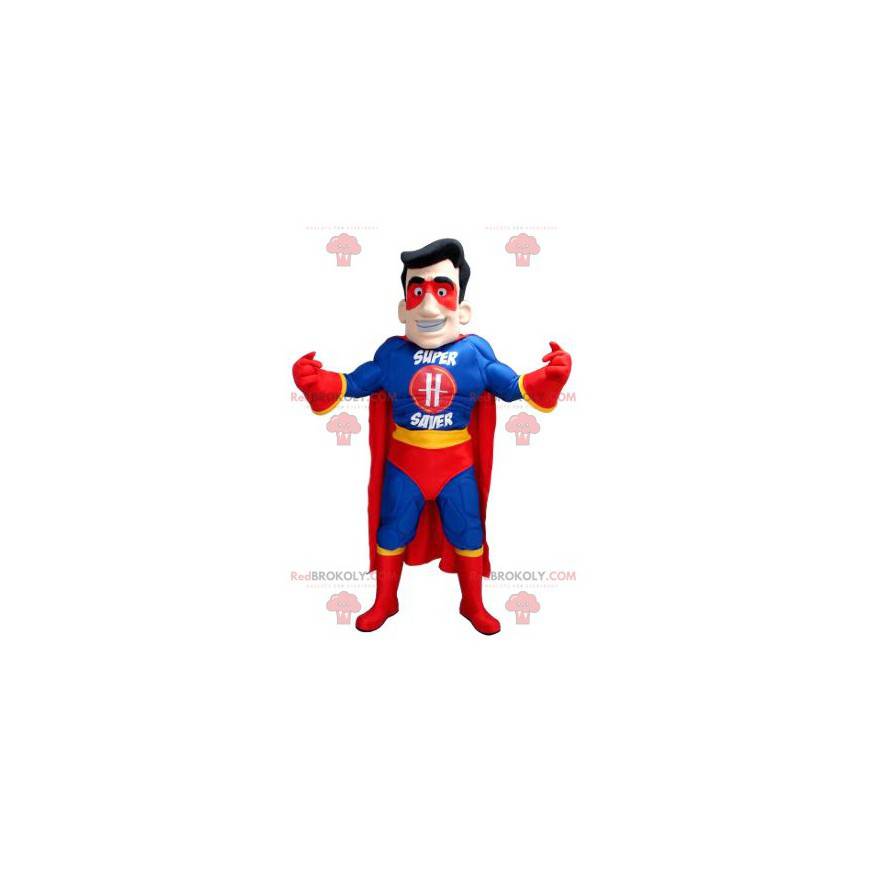 Superhelden-Maskottchen im blau-gelben und roten Outfit -