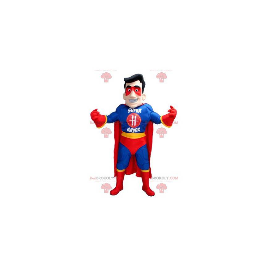 Superhero mascot in blue yellow and red outfit - Redbrokoly.com