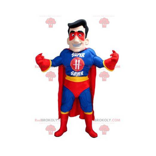Mascote do super-herói em traje azul amarelo e vermelho -