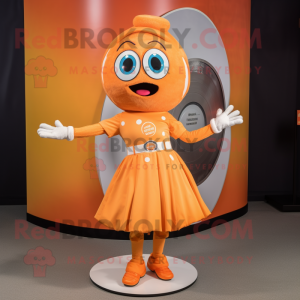 Orange Plate Spinner mascot costume character dressed with a Skirt and Gloves