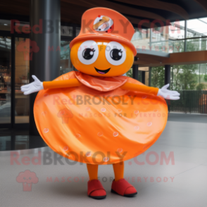 Orange Plate Spinner mascot costume character dressed with a Skirt and Gloves