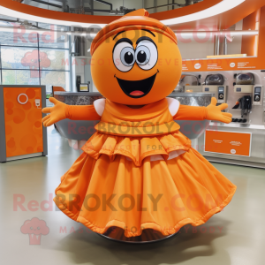 Orange Plate Spinner mascot costume character dressed with a Skirt and Gloves