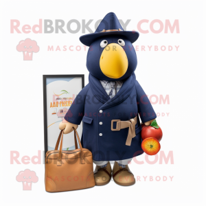 Navy Mango mascot costume character dressed with a Coat and Handbags
