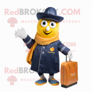 Navy Mango mascot costume character dressed with a Coat and Handbags