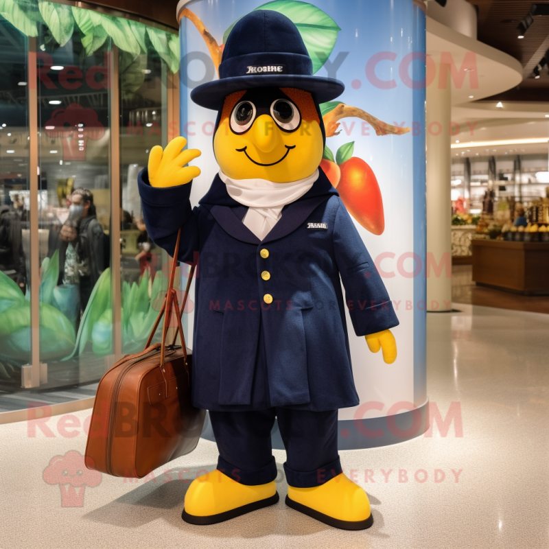 Navy Mango mascot costume character dressed with a Coat and Handbags Navy Mango mascot costume character dressed with a Coat and Handbags