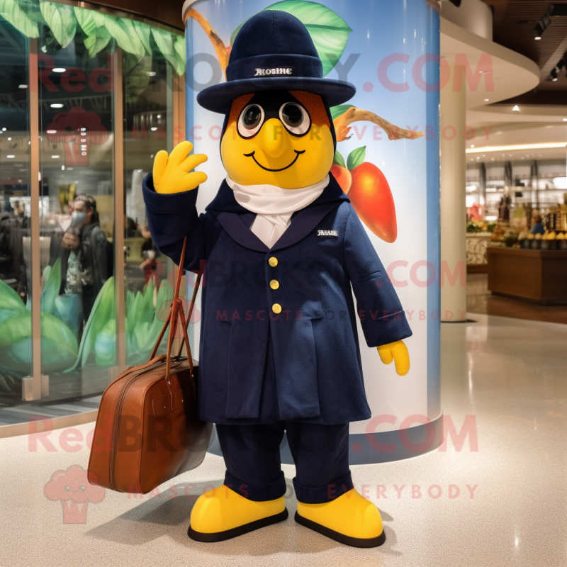 Navy Mango mascot costume character dressed with a Coat and Handbags