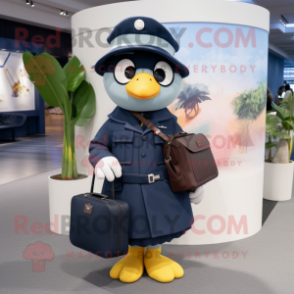 Navy Mango mascot costume character dressed with a Coat and Handbags