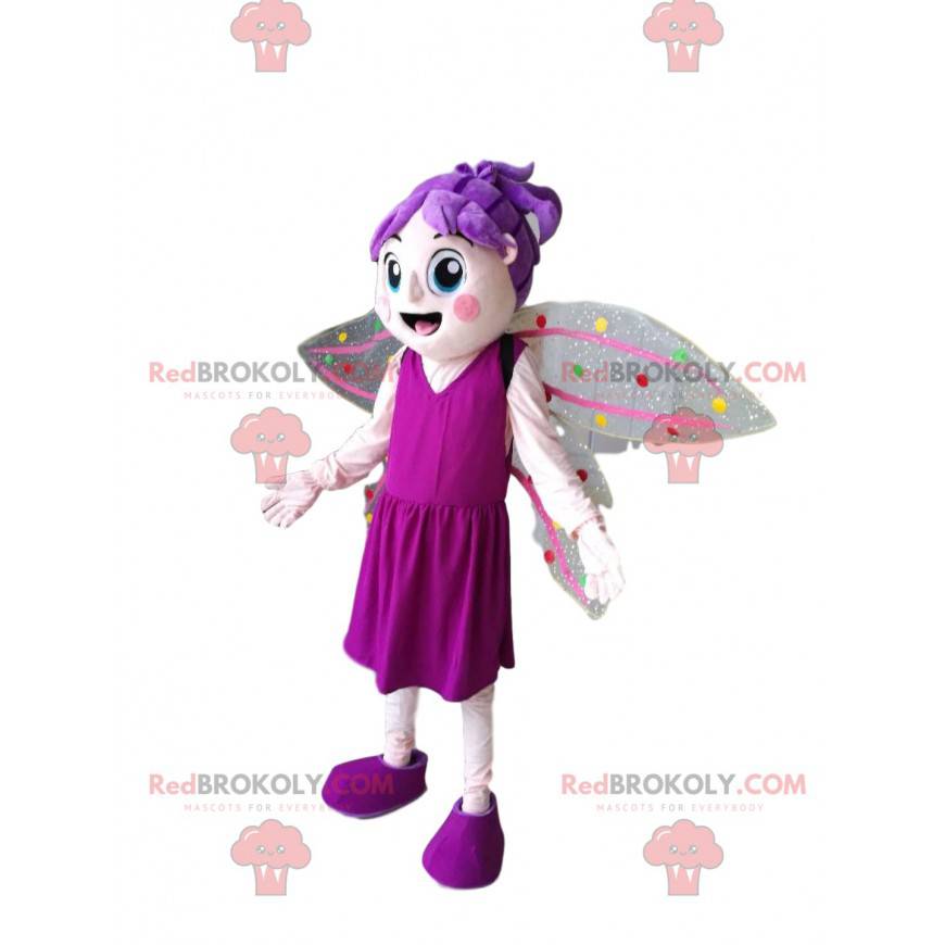 Mascota de hada con pelo morado y vestido fucsia -