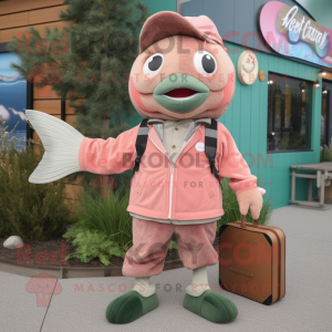 Pink Salmon mascot costume character dressed with a Corduroy Pants and Clutch bags