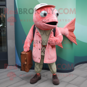 Pink Salmon mascot costume character dressed with a Corduroy Pants and Clutch bags