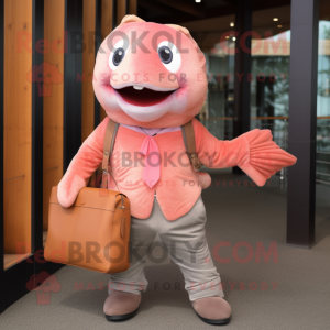 Pink Salmon mascot costume character dressed with a Corduroy Pants and Clutch bags
