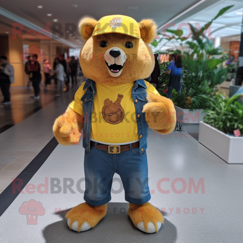 Yellow Beaver mascot costume character dressed with a Skinny Jeans and Belts