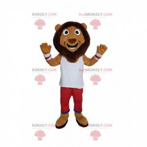 Mascotte de lion rigolo avec une tenue de sport blanche et