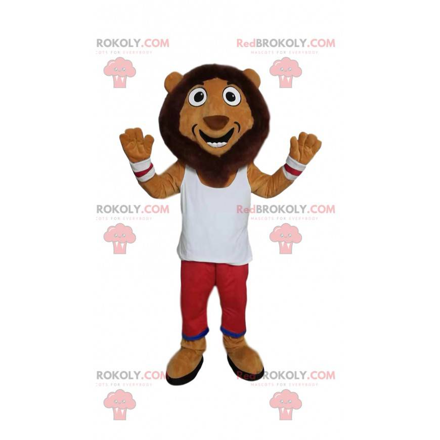Mascote leão engraçado com roupa esportiva branca e vermelha -