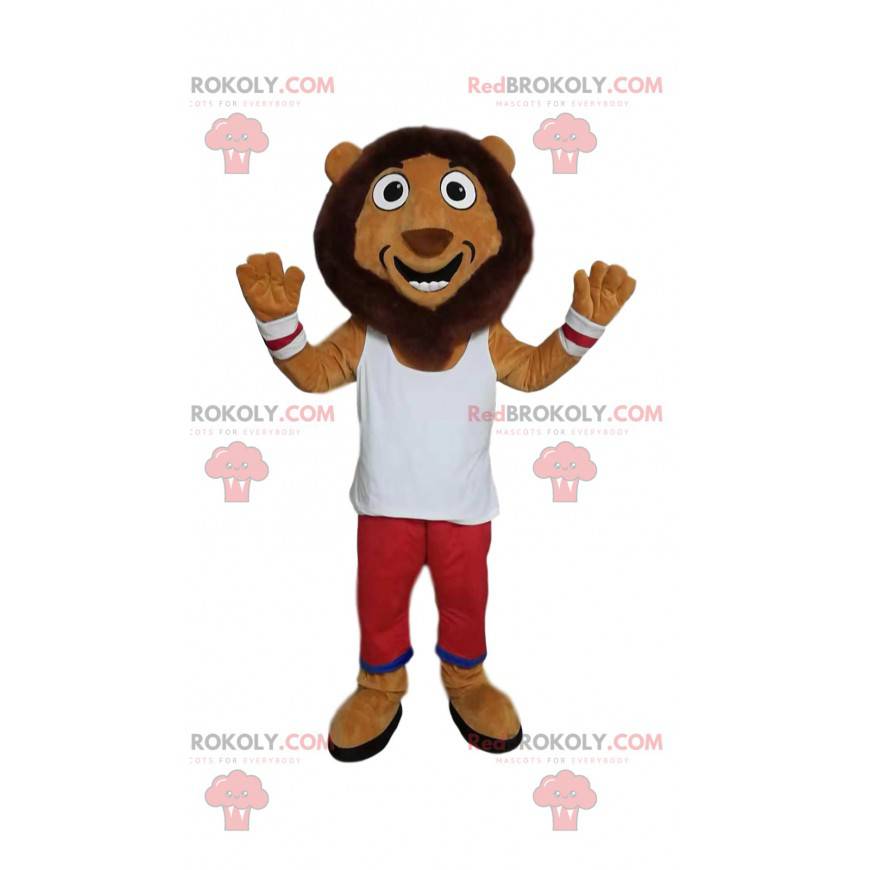 Mascote leão engraçado com roupa esportiva branca e vermelha - Mascote leão engraçado com roupa esportiva branca e vermelha -