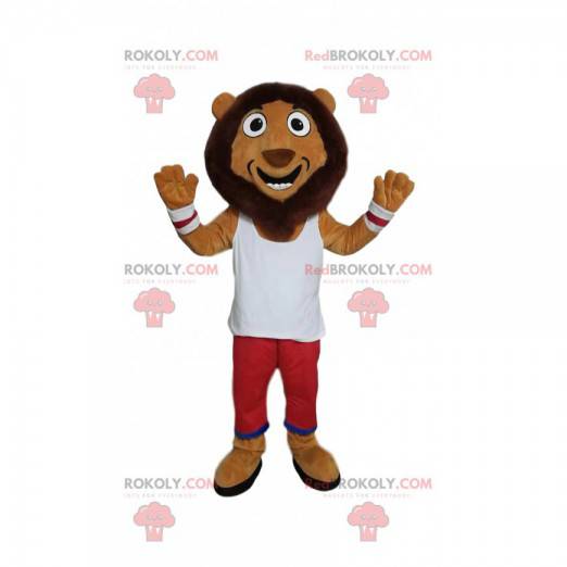 Mascota divertida del león con ropa deportiva blanca y roja -