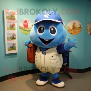 Blue Miso Soup mascot costume character dressed with a Baseball Tee and Backpacks