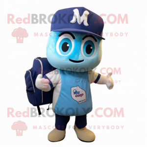 Blue Miso Soup mascot costume character dressed with a Baseball Tee and Backpacks