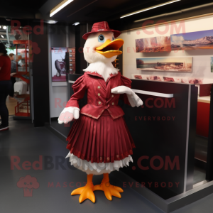 Maroon Muscovy Duck mascot costume character dressed with a Skirt and Keychains