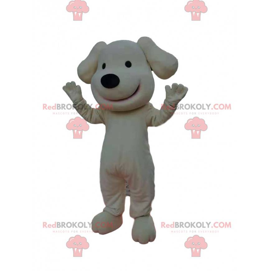 Mascotte de chien blanc souriant avec un museau noir tout Mascotte de chien blanc souriant avec un museau noir tout