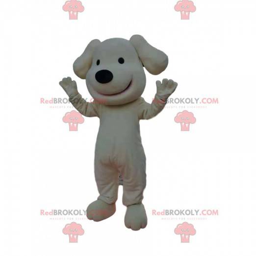 White dog mascot smiling with a cute black muzzle -