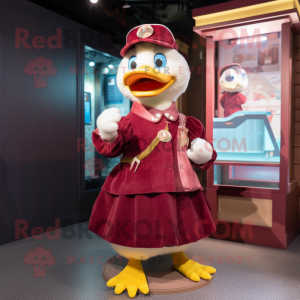 Maroon Muscovy Duck mascot costume character dressed with a Skirt and Keychains
