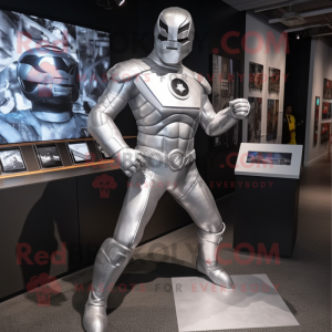 Silver Superhero mascot costume character dressed with a Empire Waist Dress and Suspenders