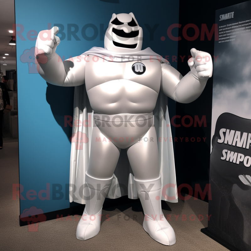 Silver Superhero mascot costume character dressed with a Empire Waist Dress and Suspenders