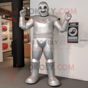 Silver Superhero mascot costume character dressed with a Empire Waist Dress and Suspenders