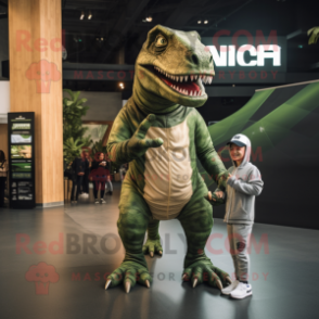 Olive Allosaurus mascot costume character dressed with a Rash Guard and Watches
