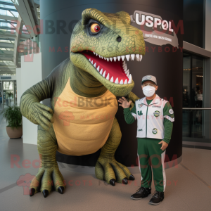 Olive Allosaurus mascot costume character dressed with a Rash Guard and Watches
