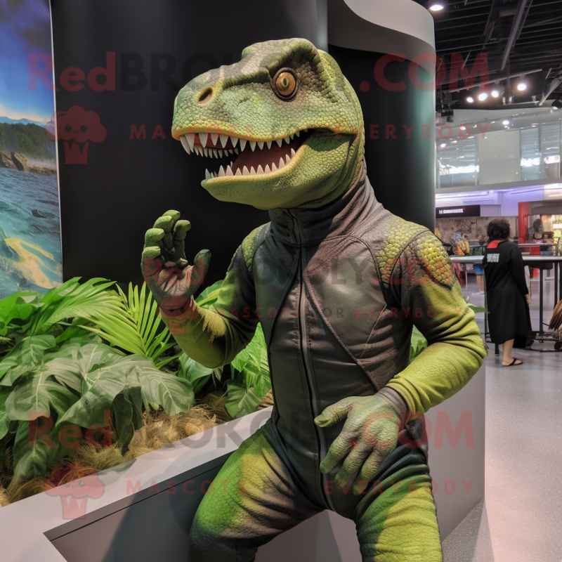 Olive Allosaurus mascot costume character dressed with a Rash Guard and Watches