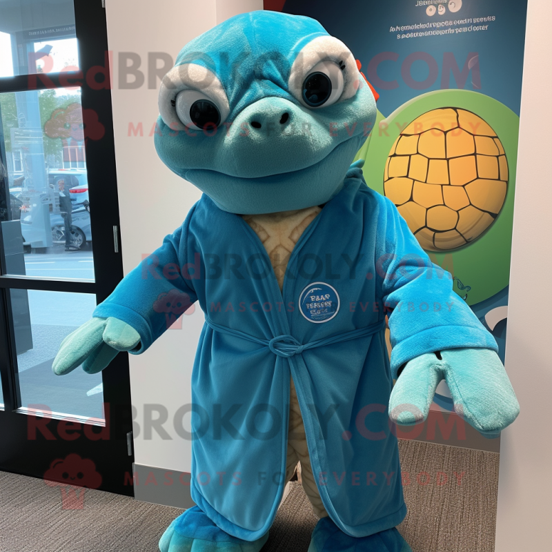 Teal Sea Turtle mascot costume character dressed with a Cover-up and Cufflinks