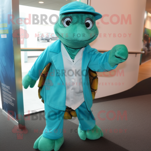 Teal Sea Turtle mascot costume character dressed with a Cover-up and Cufflinks