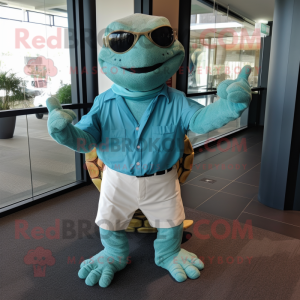 Teal Sea Turtle mascot costume character dressed with a Cover-up and Cufflinks