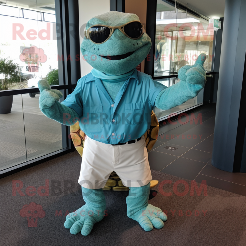 Teal Sea Turtle mascot costume character dressed with a Cover-up and Cufflinks Teal Sea Turtle mascot costume character dressed with a Cover-up and Cufflinks