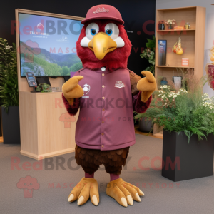 Maroon Dove mascot costume character dressed with a Rugby Shirt and Hat pins