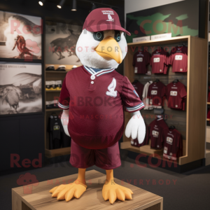Maroon Dove mascot costume character dressed with a Rugby Shirt and Hat pins