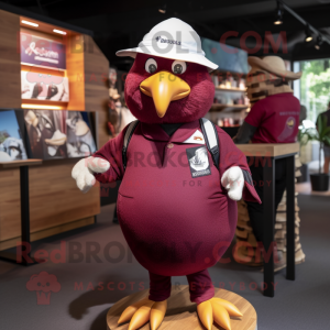 Maroon Dove mascot costume character dressed with a Rugby Shirt and Hat pins
