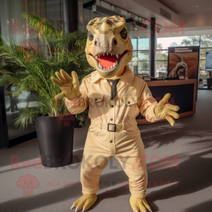 Tan T Rex mascot costume character dressed with a Romper and Lapel pins