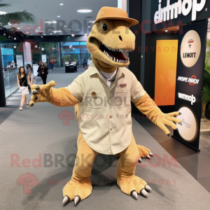 Tan T Rex mascot costume character dressed with a Romper and Lapel pins