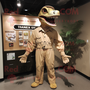 Tan T Rex mascot costume character dressed with a Romper and Lapel pins