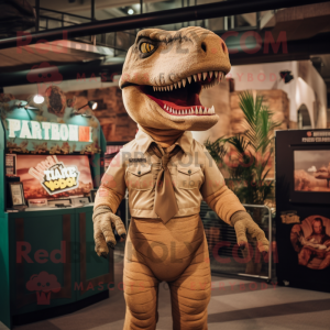 Tan T Rex mascot costume character dressed with a Romper and Lapel pins