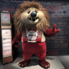 Maroon Porcupine mascot costume character dressed with a Culottes and Suspenders