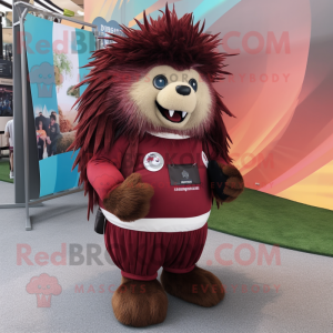 Maroon Porcupine mascot costume character dressed with a Culottes and Suspenders