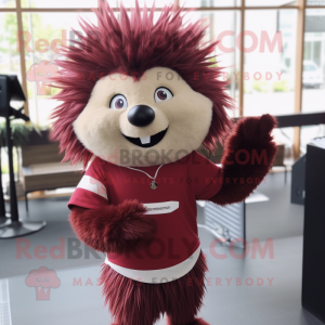Maroon Porcupine mascot costume character dressed with a Culottes and Suspenders