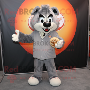 Gray Shepard'S Pie mascot costume character dressed with a Suit and Rings