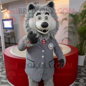 Gray Shepard'S Pie mascot costume character dressed with a Suit and Rings