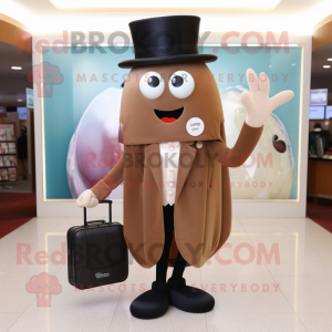 Brown Jellyfish mascot costume character dressed with a Tuxedo and Clutch bags