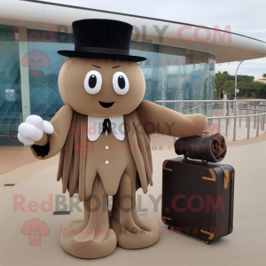 Brown Jellyfish mascot costume character dressed with a Tuxedo and Clutch bags